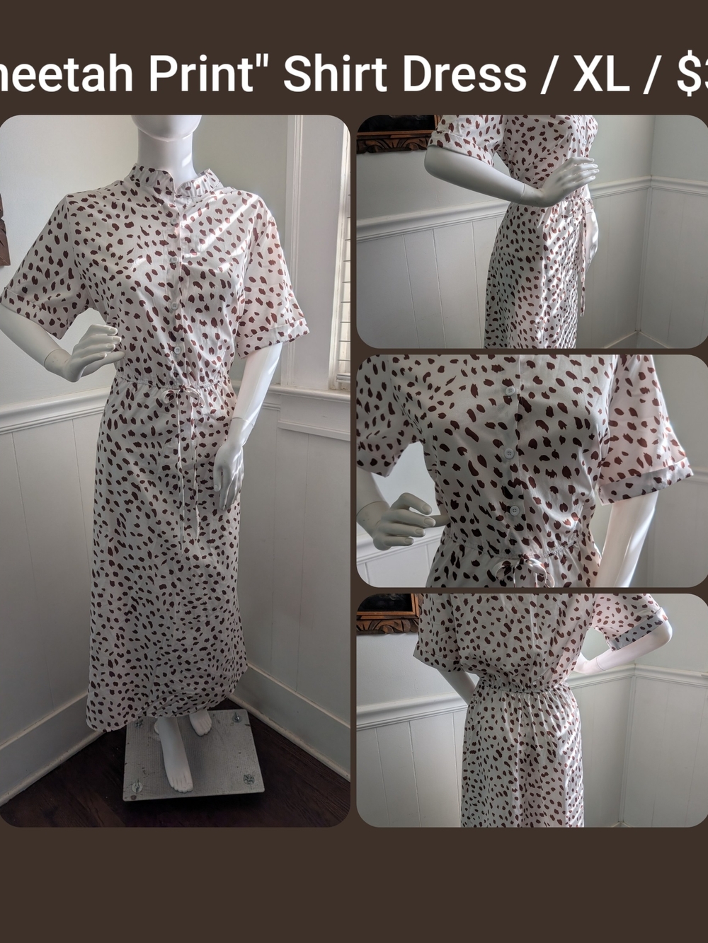 Cheetah Print Shirt Dress - White with Brown Spots